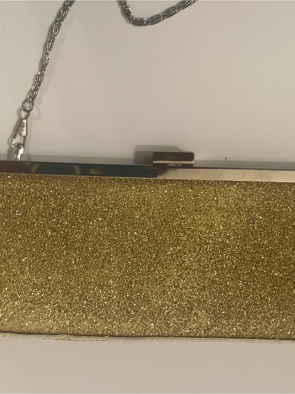 Gold Glitter Evening Bag Clutch Silver Chain Strap Formal Party Purse